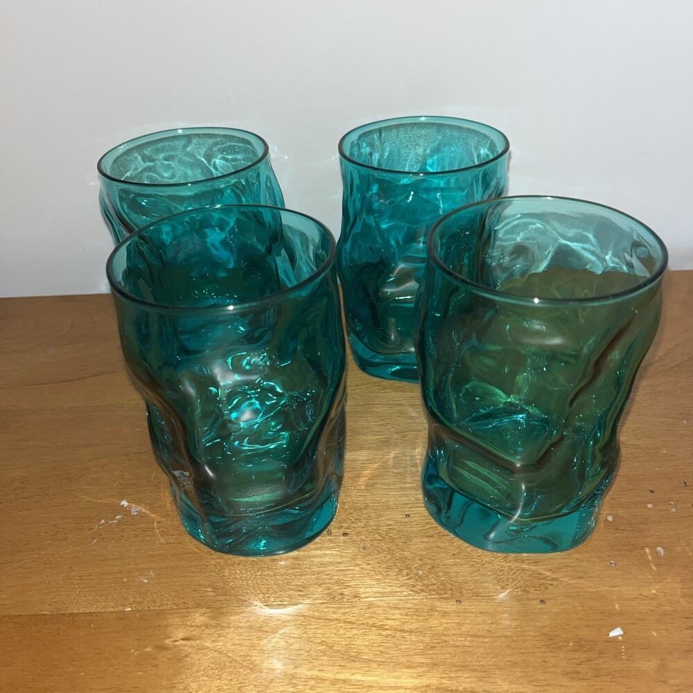 4 VTG Bormioli Rocco Sorgente Aqua Blue 4 1/4" DOF Glass Whiskey Tumblers EUC